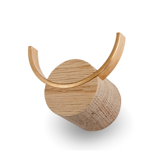 Wooden wall hook made from oak and brass, perfect for coats, keys, and decor