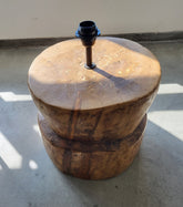 Hand carved teak wood rustic table lamp with round wooden base, no lampshade