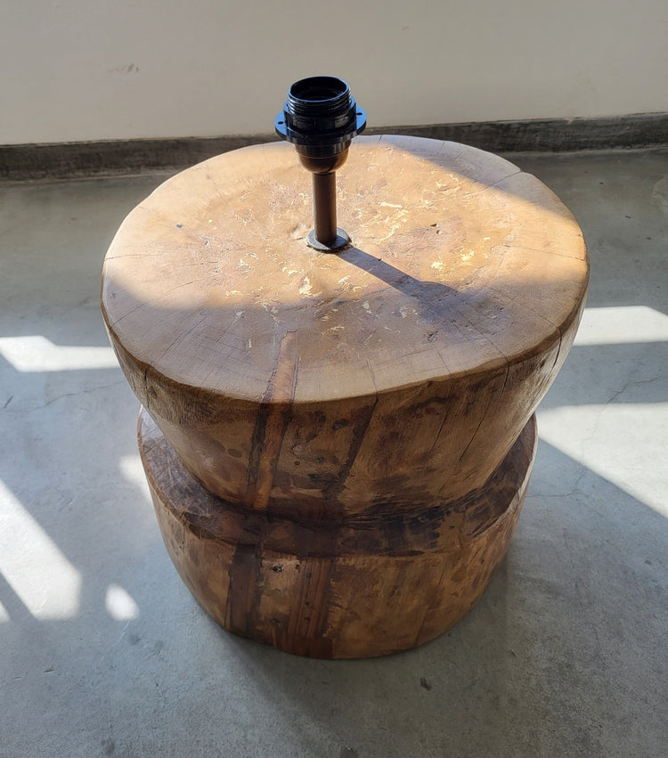 Hand carved teak wood rustic table lamp with round wooden base, no lampshade