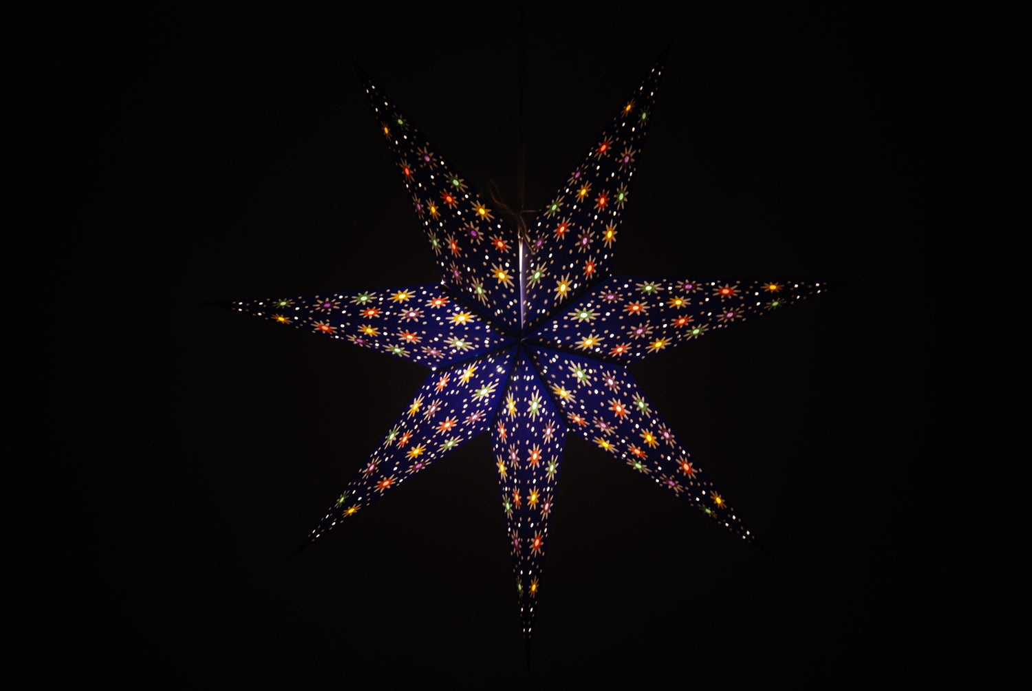  Handmade 7-pointed paper star lantern in deep blue with colorful inserts, flatpacked hanging decor