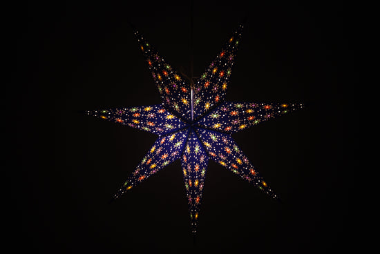 Handmade 7-pointed paper star lantern in deep blue with colorful inserts, flatpacked hanging decor