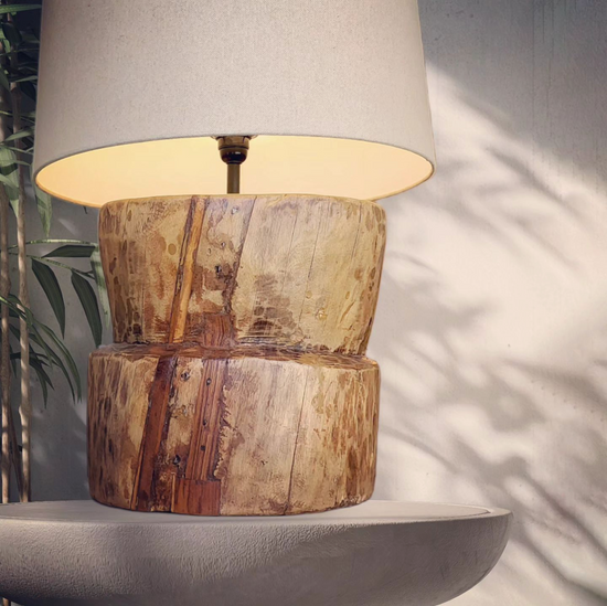 Hand carved teak wood rustic table lamp with round wooden base, no lampshade