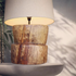 Hand carved teak wood rustic table lamp with round wooden base, no lampshade