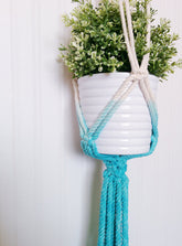 Handmade macrame plant hanger with Aquamarine dip-dye, crafted from cotton rope, ideal for indoor small pots and modern boho home decor.