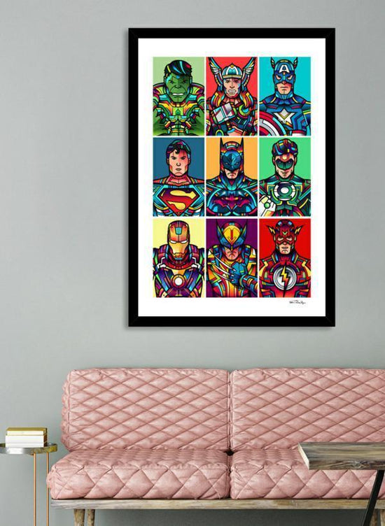 Pop art wall frame in vibrant print, framed with solid wood and protected by clear acrylic – perfect for modern interior décor