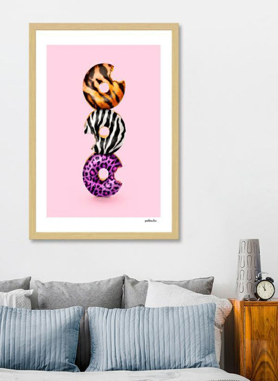 Donut wall art in colorful wild style, framed in solid wood with acrylic cover – perfect for kitchens and modern décor spaces