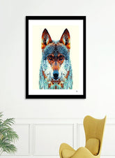 Colorful wolf wall art in solid wood frame with shatterproof acrylic – modern animal decor piece