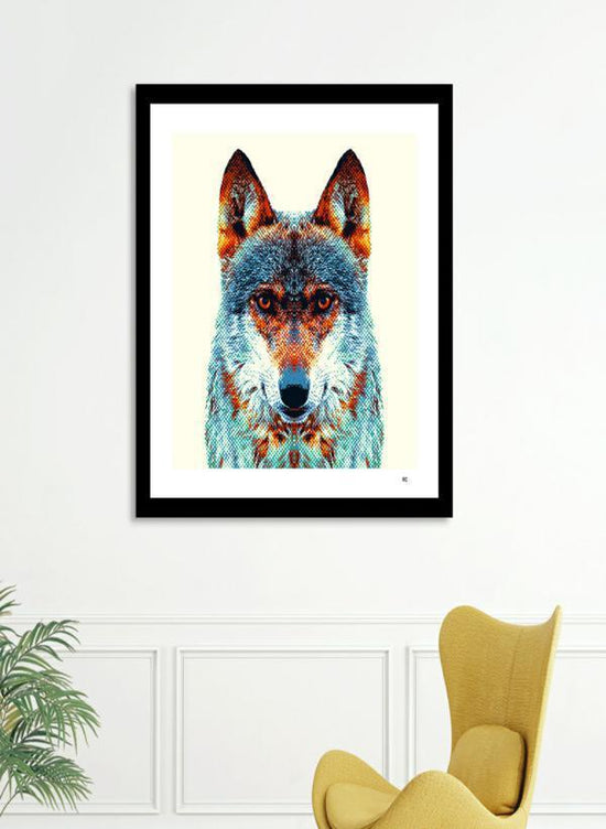 Colorful wolf wall art in solid wood frame with shatterproof acrylic – modern animal decor piece